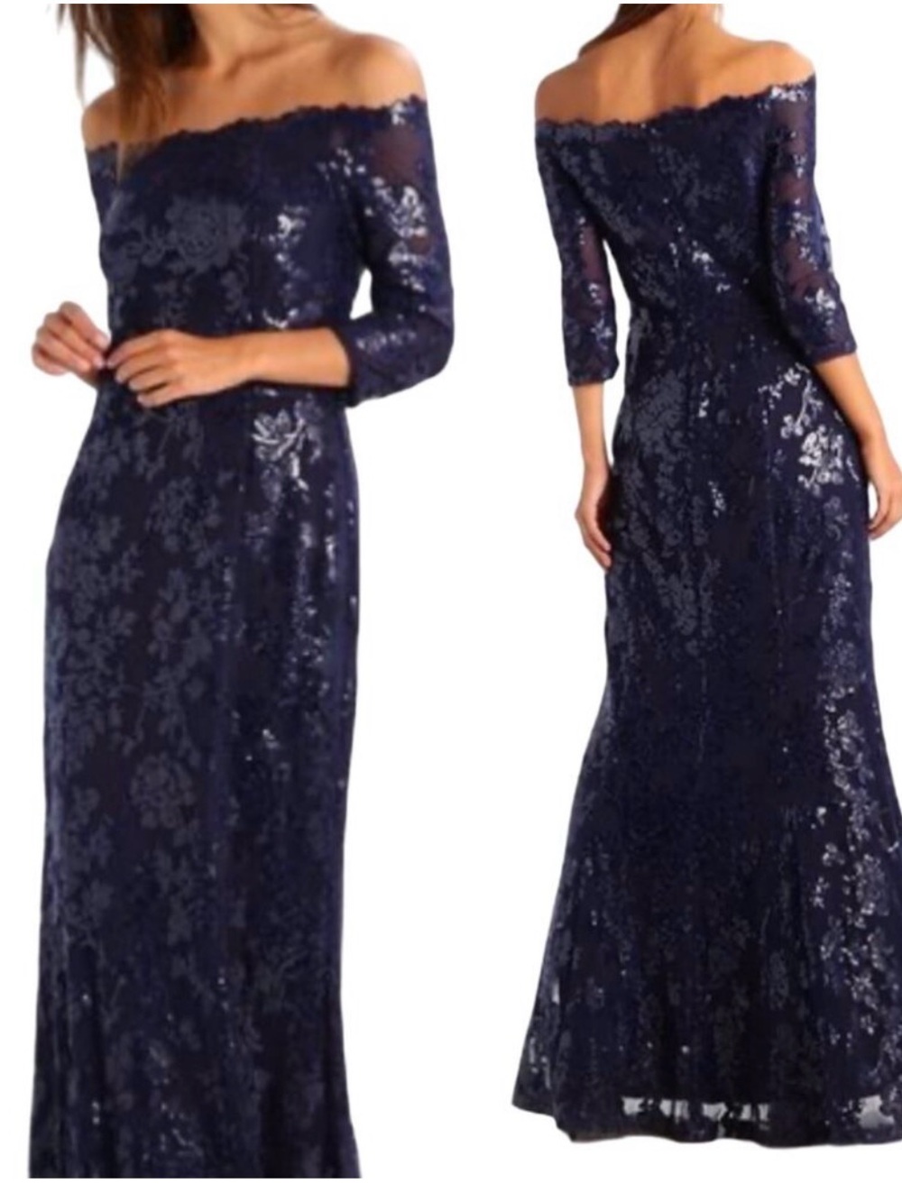 Lauren Ralph Lauren Navy Sequin Lace Off-Shoulder Evening Gown Size 12